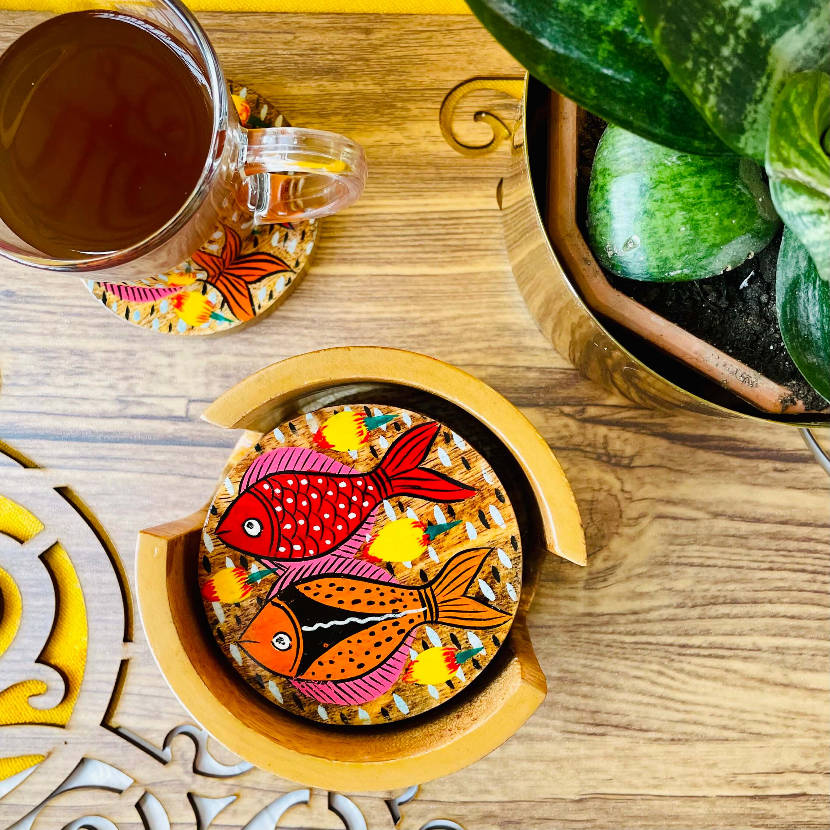 Tarang Round Wooden Coaster with Holder | Set of 6 thumbnail 3