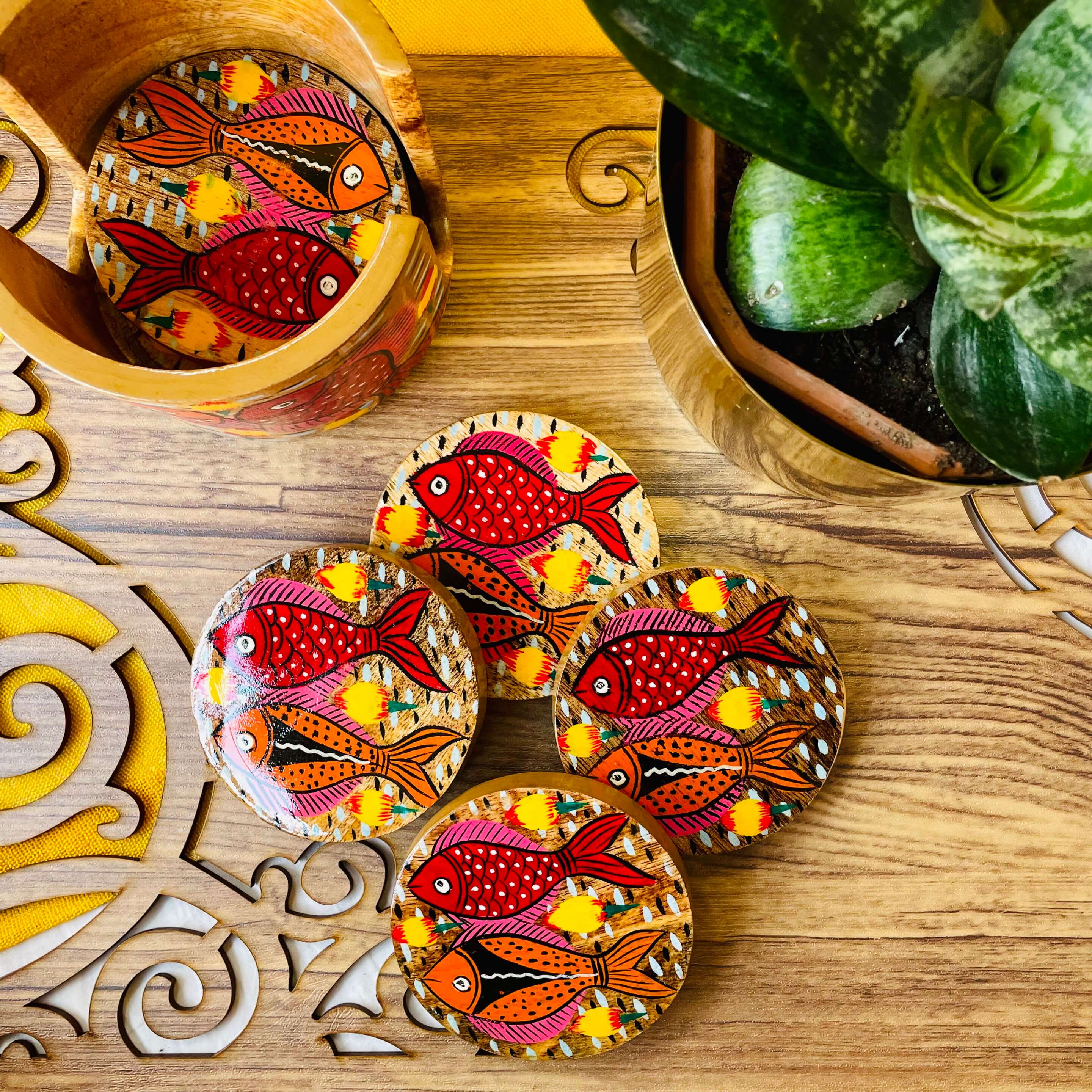 Tarang Round Wooden Coaster with Holder | Set of 6 thumbnail 4