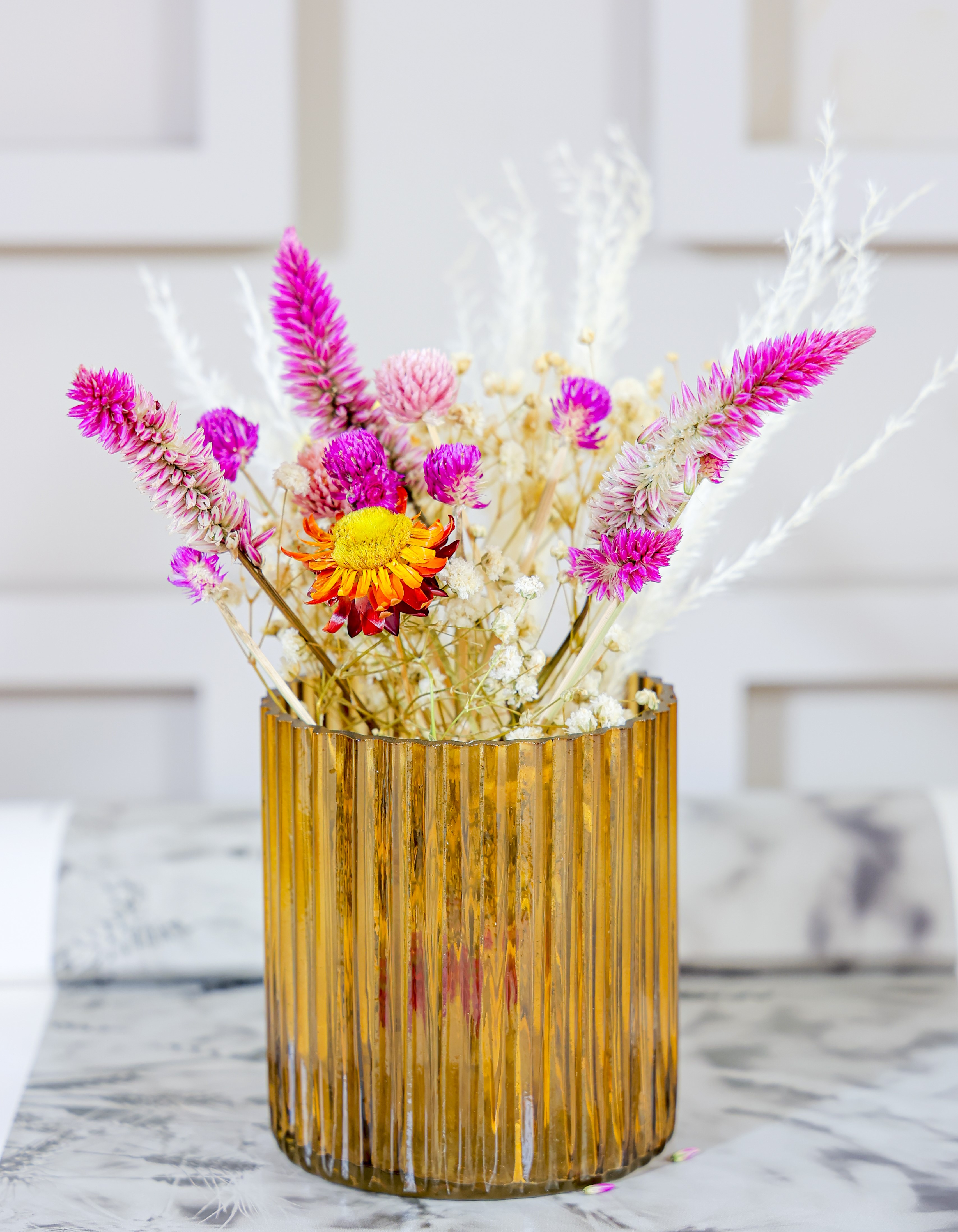 Yellow Horizontal Vase with Garden Dried Flowers Bunch