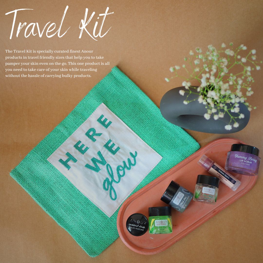 Skincare Travel Kit | Set of 6 Mini Products | Lip Balm | Lip Scrub | Perfume | Aloe Vera Gel | Green Tea Scrub | Clay Mask - alternate view