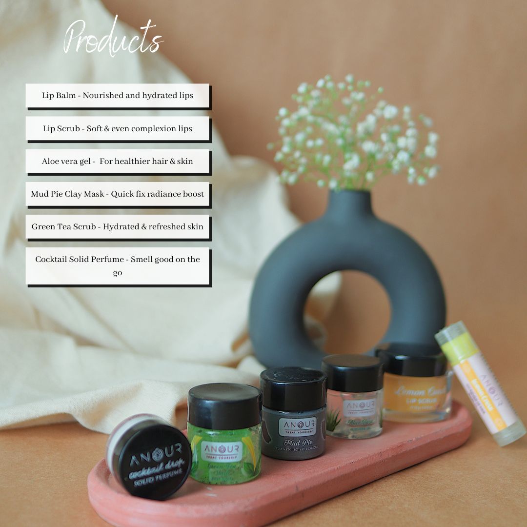 Skincare Travel Kit | Set of 6 Mini Products | Lip Balm | Lip Scrub | Perfume | Aloe Vera Gel | Green Tea Scrub | Clay Mask thumbnail 3