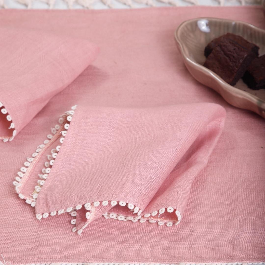 Praarambh Napkin Set | 100% Hemp Table Napkins | Pink with Lace Work | Set of 4/6 thumbnail 2