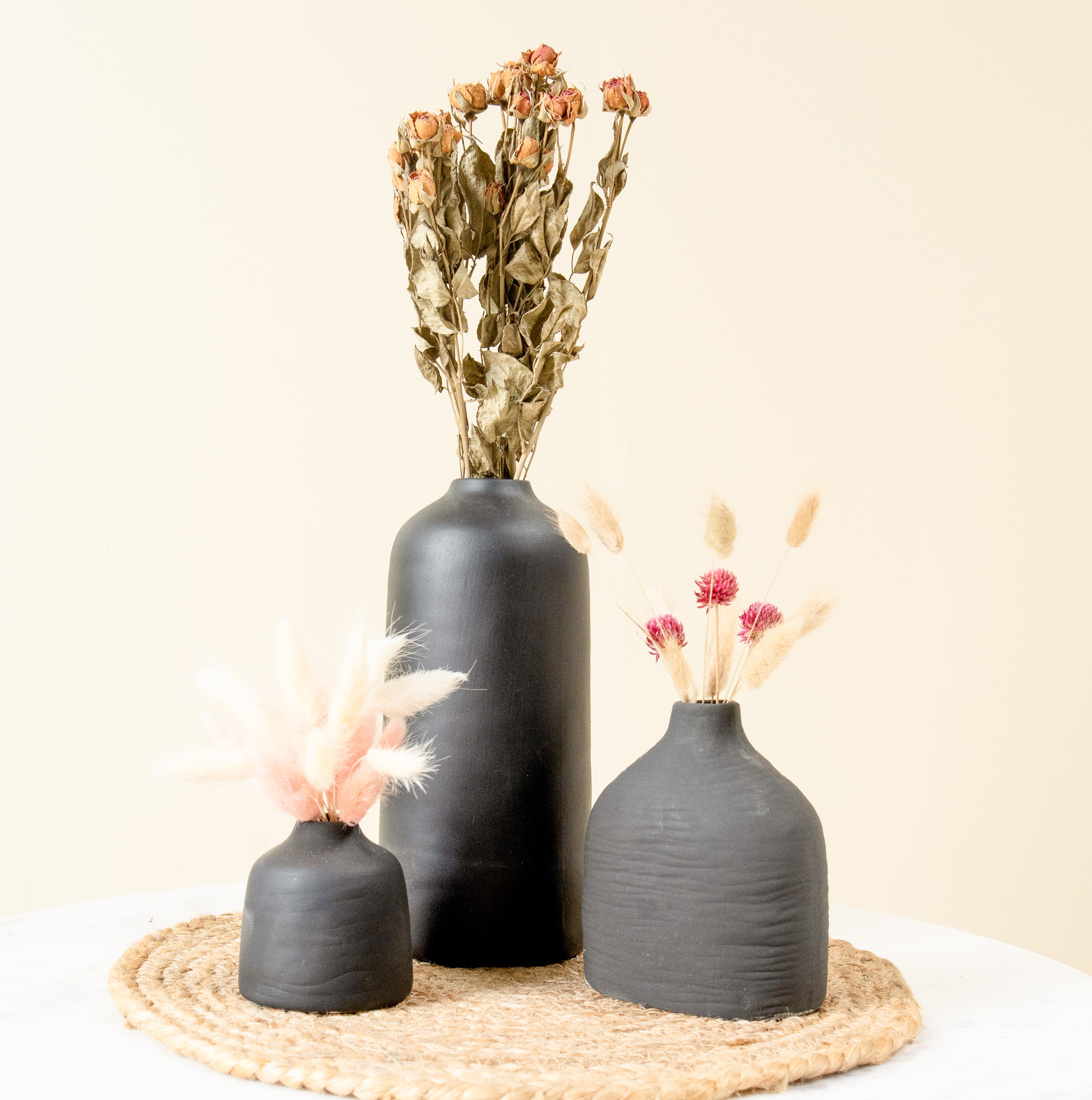 Black Bloom Trio | Set of 3 Black Vases & Multicolour Dried Flowers Combo