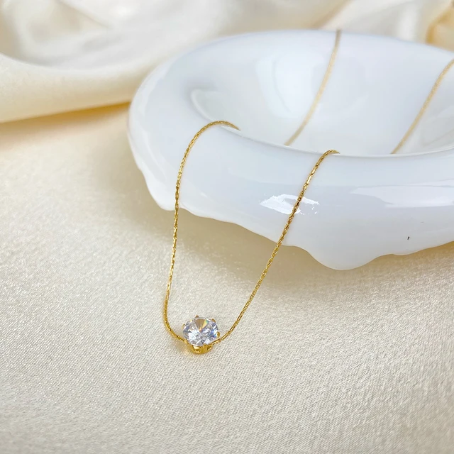 Minimal Single CZ Diamond Pendant Necklace | Affordable | 18K Gold Plated thumbnail 3