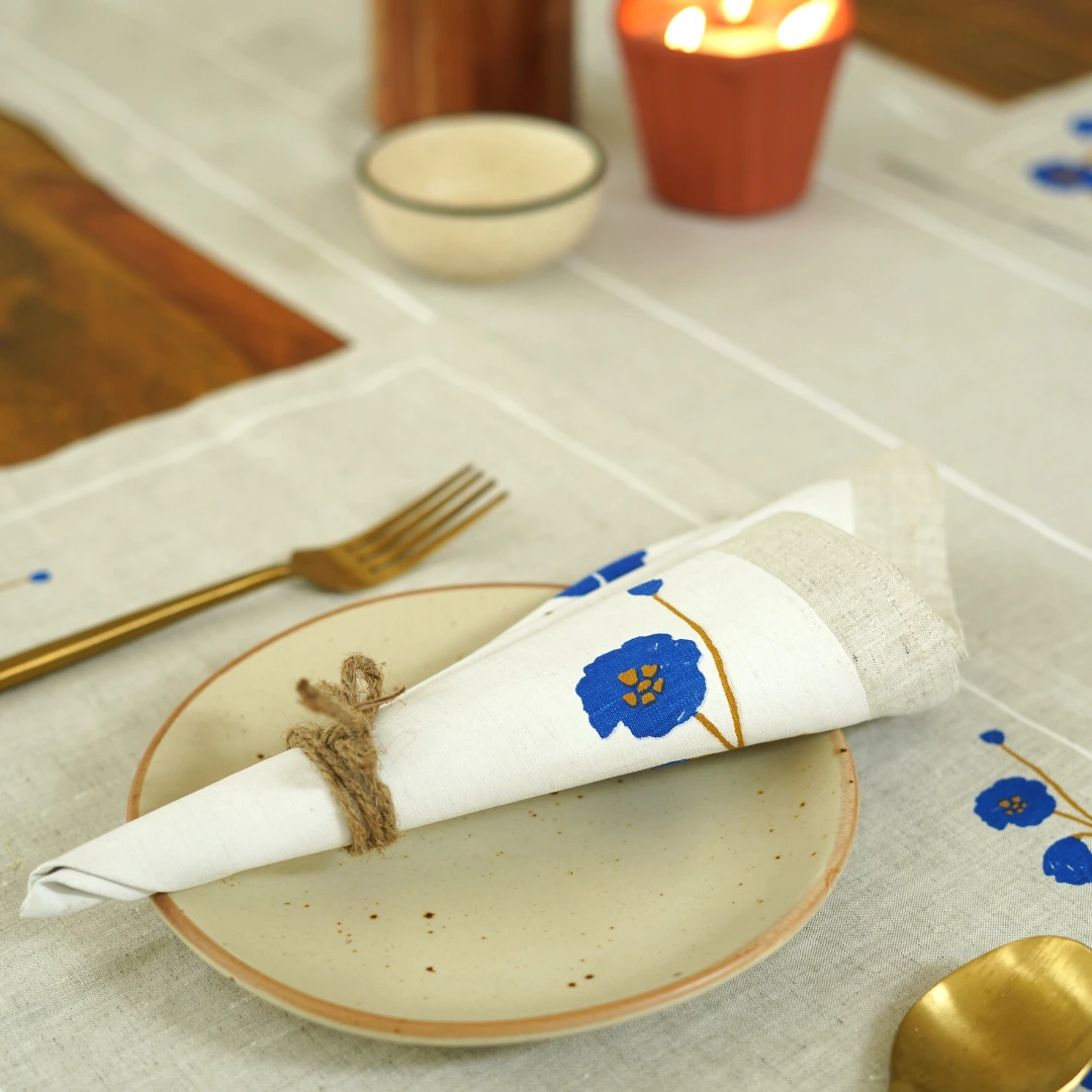 Aaral Table Linen Set | Handprinted on 100% Hemp | Runner, Placemats and Napkin set