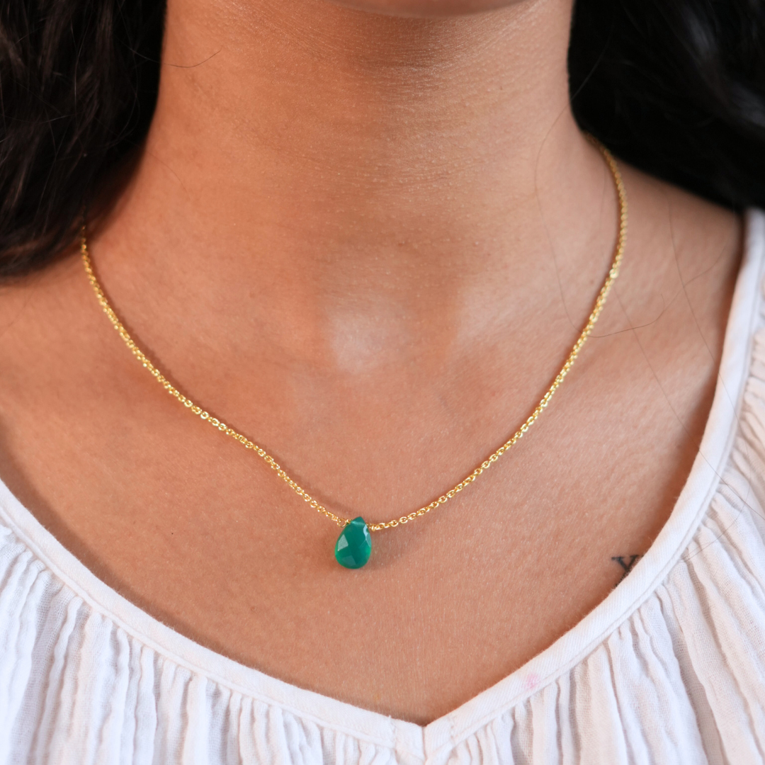 Green Onyx Drop Necklace | Healing Jewellery | Emotional Growth Stone | 18k Gold Plated