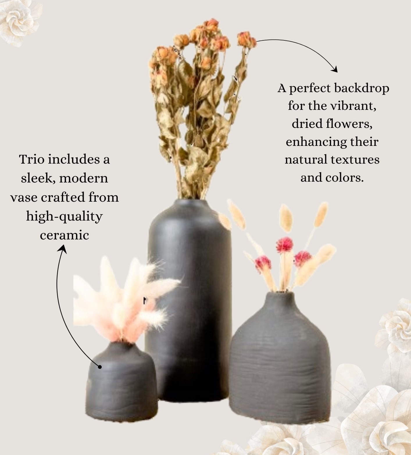 Black Bloom Trio | Set of 3 Black Vases & Multicolour Dried Flowers Combo thumbnail 2