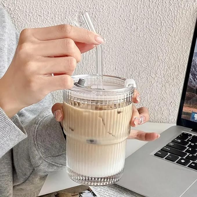 Ribbed Glass Coffee Tumbler | 1 Pc | 400ml | Travel Friendly