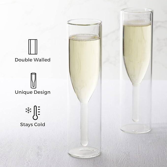 Stemless Champagne Flutes Glasses - Set of 2 | 160 ml | With Insulation | Clear thumbnail 3