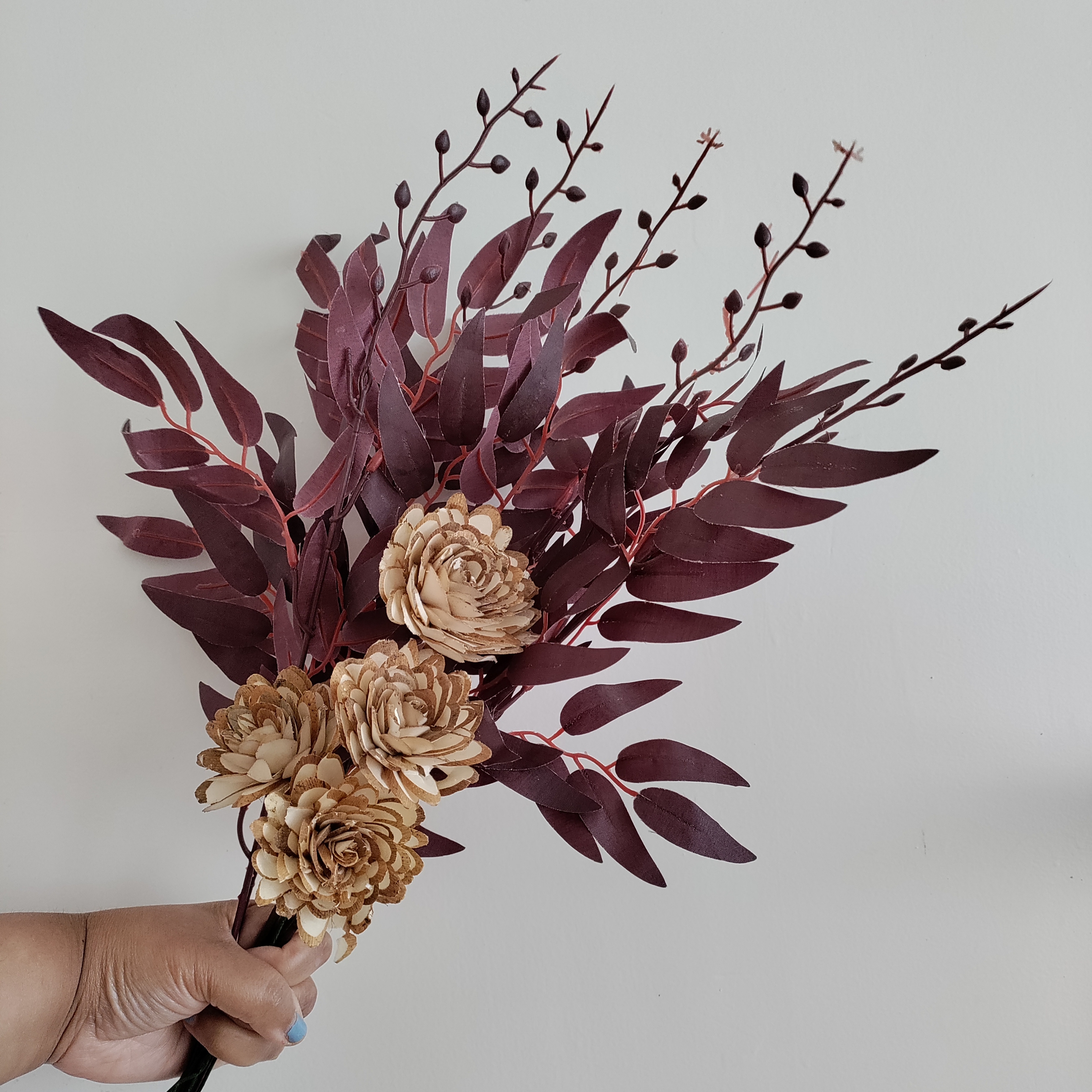 Almonda Dried Flowers Bunch | Wire Stem included | Red Ruscus Leaves, 4 Flowers | Artificial Flowers