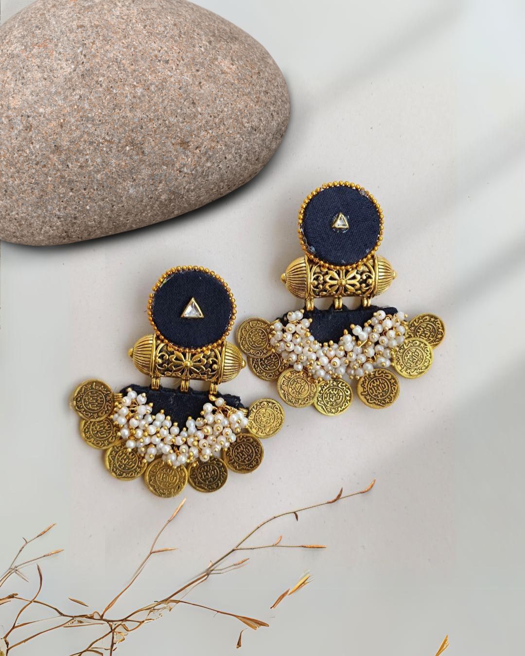 Black Golden Coins Beaded Jhumka Earrings