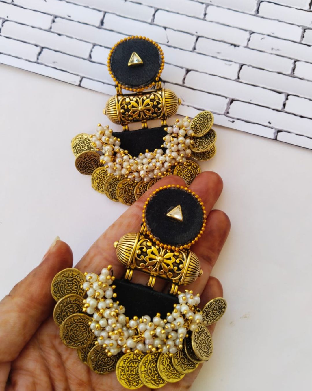 Black Golden Coins Beaded Jhumka Earrings thumbnail 2