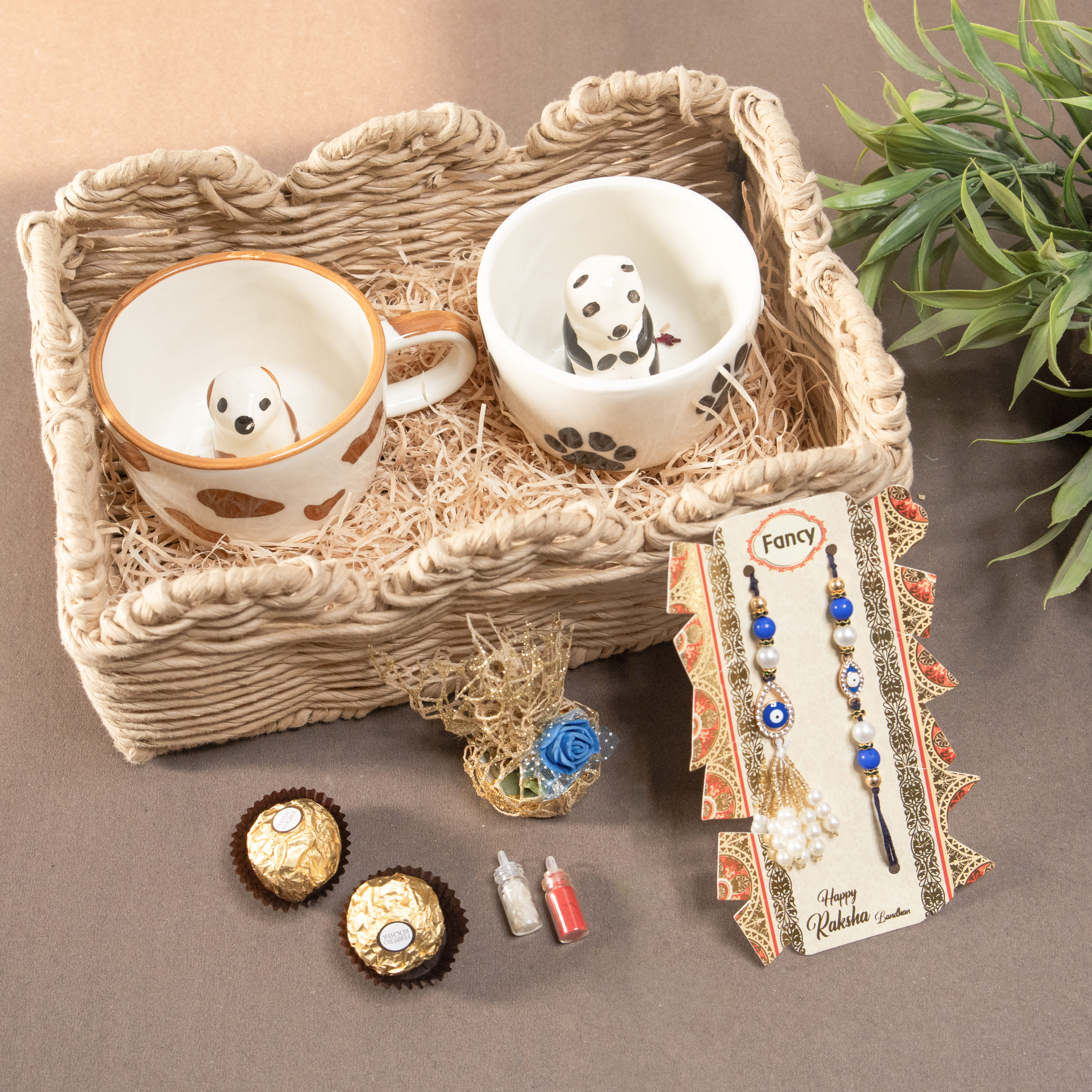 Pet Lover Rakhi Gift Hamper | Jute Tray | 2 Rakhis | 2 Mugs | Roli, Chawal