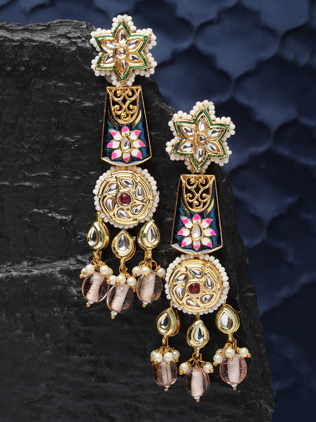 Blue Revelation Drop Earrings | Lightweight | Kundan, Pearls, Natural Stones