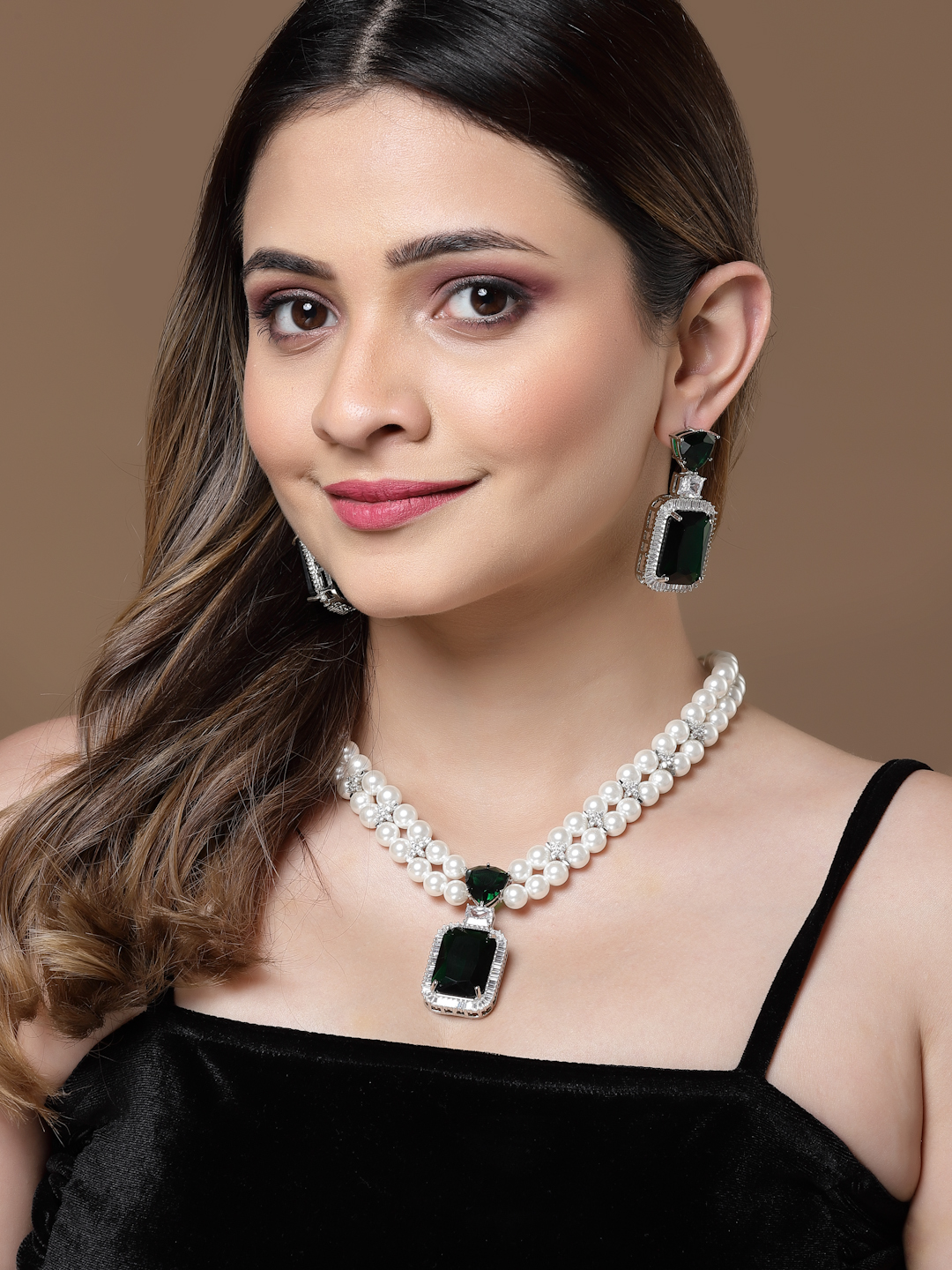 Raaz Drop Earring | American Diamonds, Natural Stones, Faux Emerald thumbnail 3