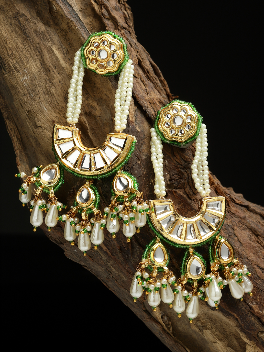 Bud Drop Earrings | Kundan, Pearls, Natural Stones, Faux Emerald thumbnail 2