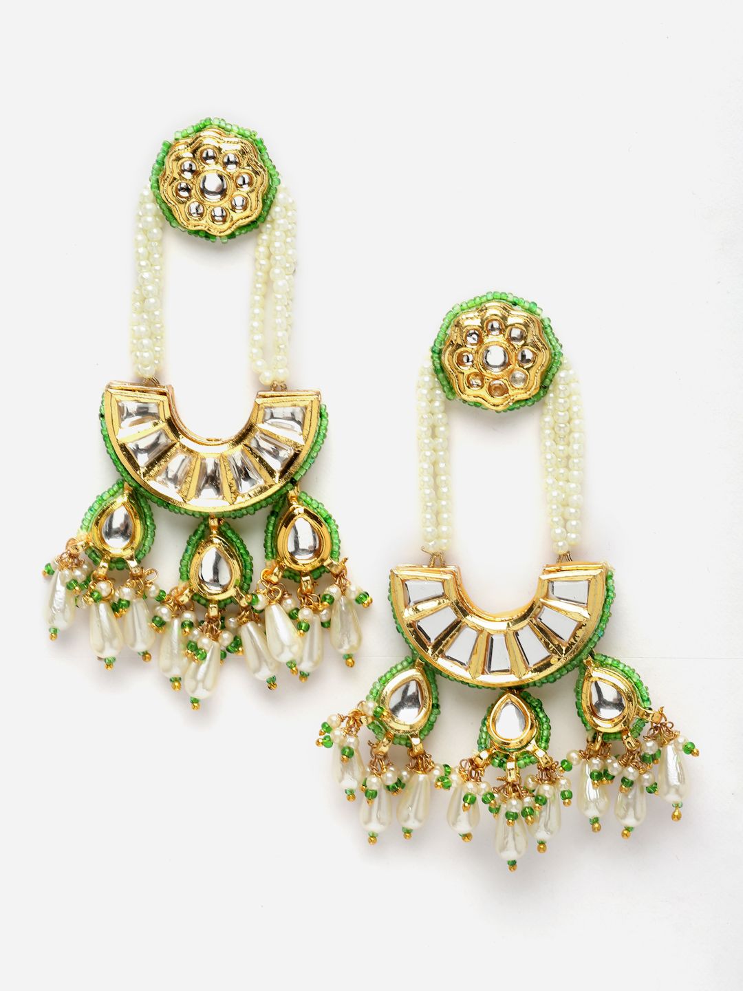 Bud Drop Earrings | Kundan, Pearls, Natural Stones, Faux Emerald thumbnail 4