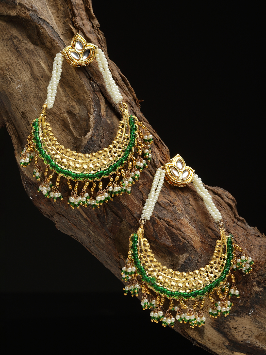 Sadaqat Drop Earring | Kundan, Pearls, Natural Stones, Faux Emerald - alternate view