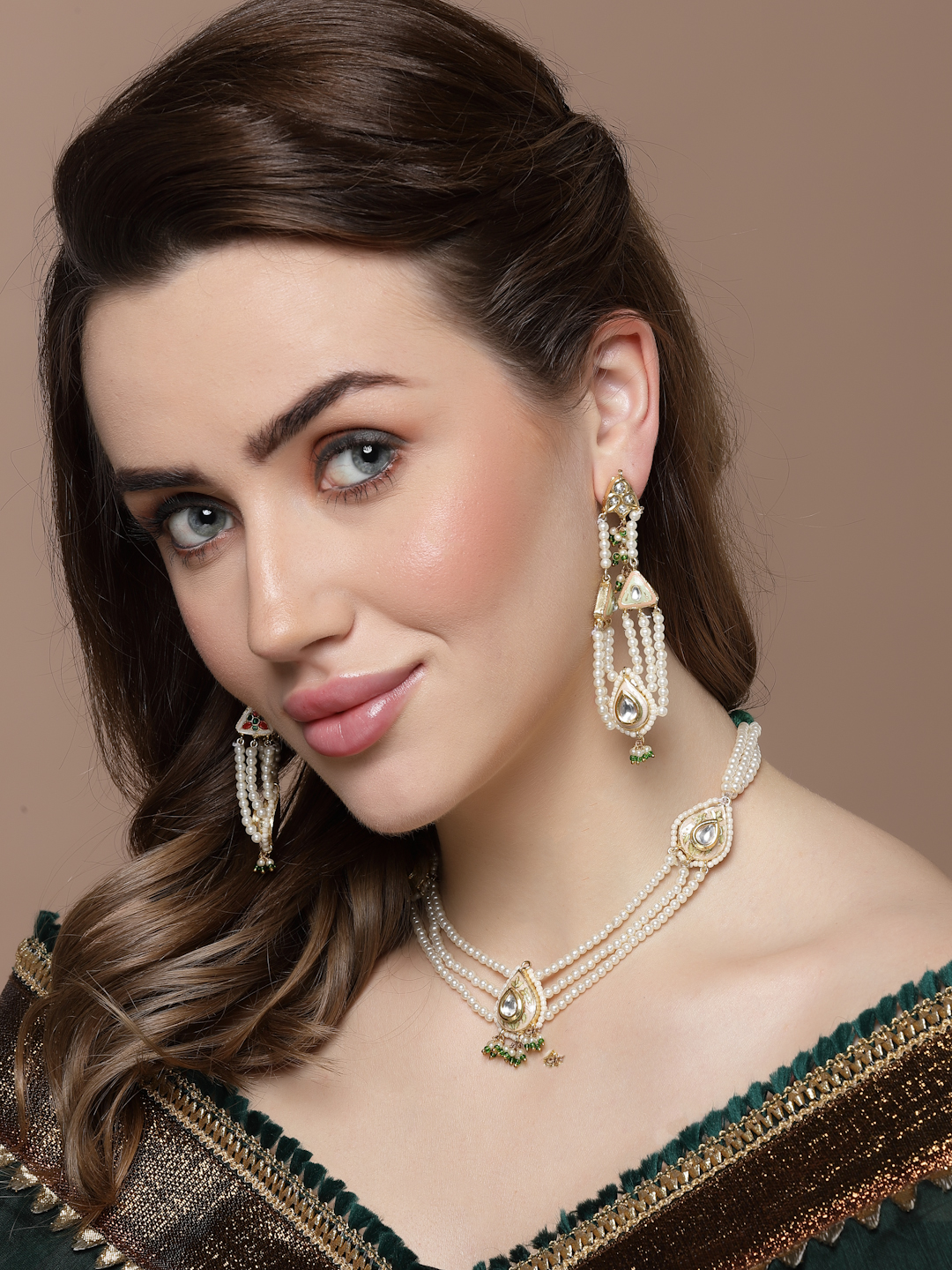 Zubaan Drop Earring | Kundan, American Diamonds, Pearls, Natural Stones, Faux Emerald - alternate view