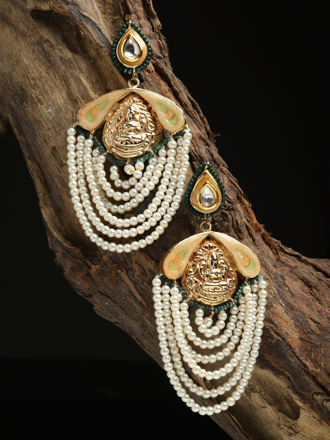 Petal Drop Earrings | Kundan, Pearls, Natural Stones, Faux Emerald - alternate view