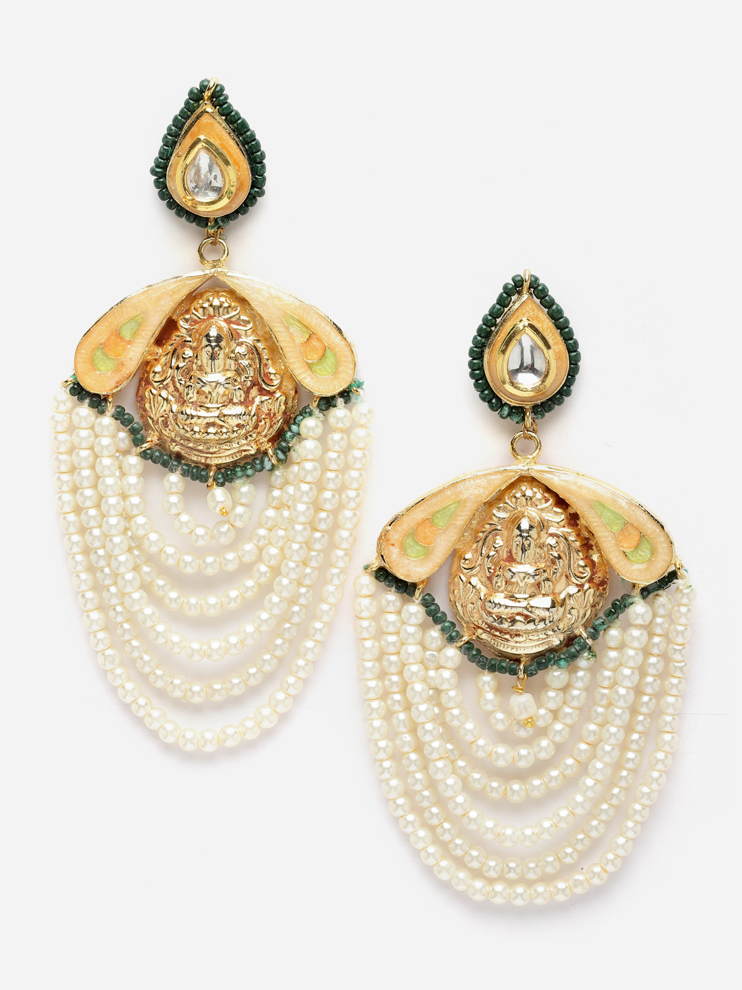 Petal Drop Earrings | Kundan, Pearls, Natural Stones, Faux Emerald thumbnail 4