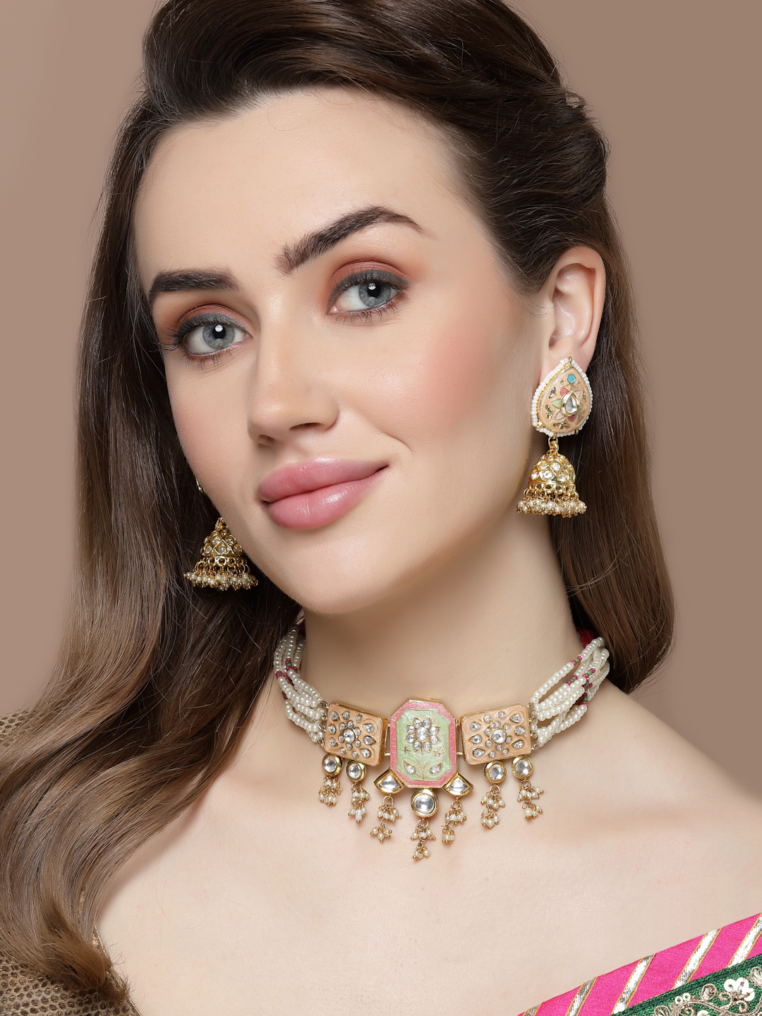 Seashell Jhumkas | Kundan, American Diamonds, Pearls, Natural Stones - alternate view