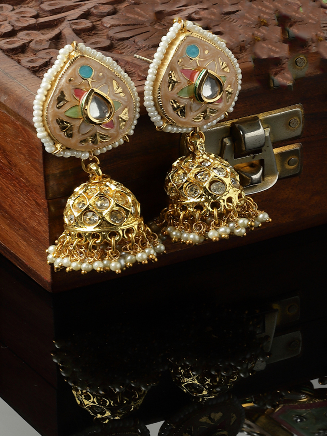 Seashell Jhumkas | Kundan, American Diamonds, Pearls, Natural Stones