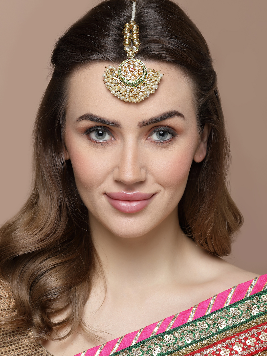 Seagreen Maang Tikka Hair Jewellery | Kundan, Pearls, Natural Stones - alternate view