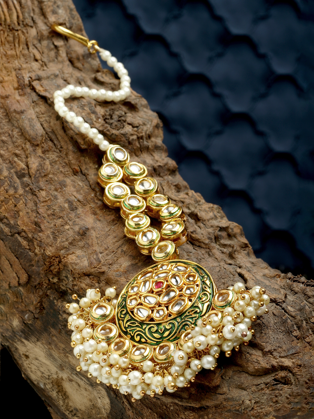 Seagreen Maang Tikka Hair Jewellery | Kundan, Pearls, Natural Stones