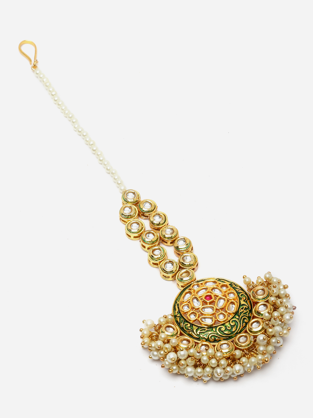 Seagreen Maang Tikka Hair Jewellery | Kundan, Pearls, Natural Stones thumbnail 3