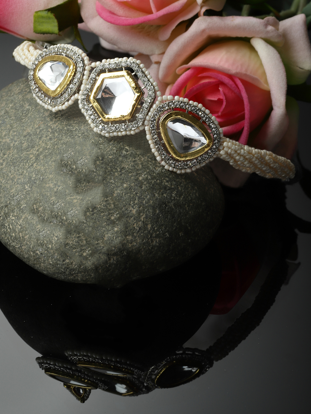 Silver Veil Choker Necklace | Kundan, American Diamonds, Pearls, Natural Stones - alternate view
