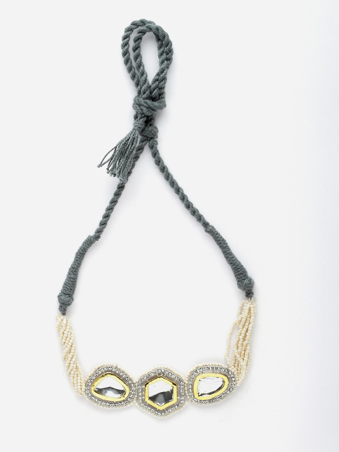 Silver Veil Choker Necklace | Kundan, American Diamonds, Pearls, Natural Stones thumbnail 3