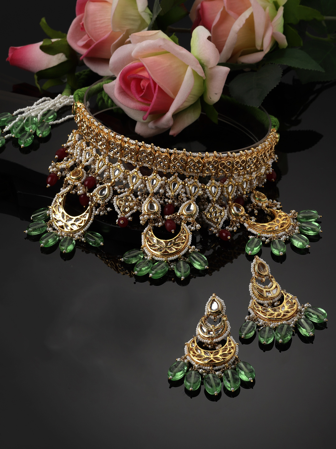 Zucchini Necklace with Earrings Jewellery Set | Kundan, Pearls, Natural Stones