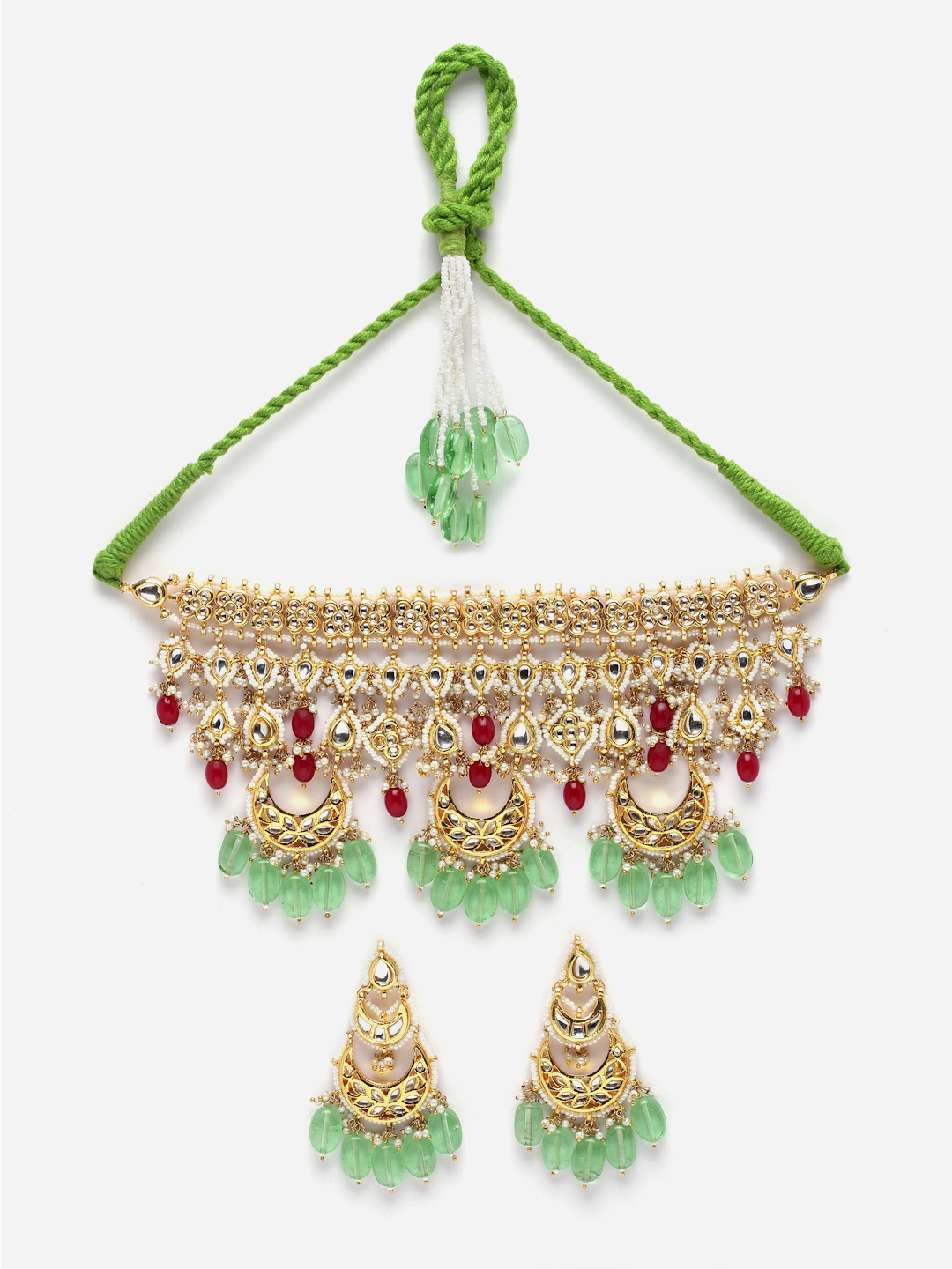 Zucchini Necklace with Earrings Jewellery Set | Kundan, Pearls, Natural Stones thumbnail 3