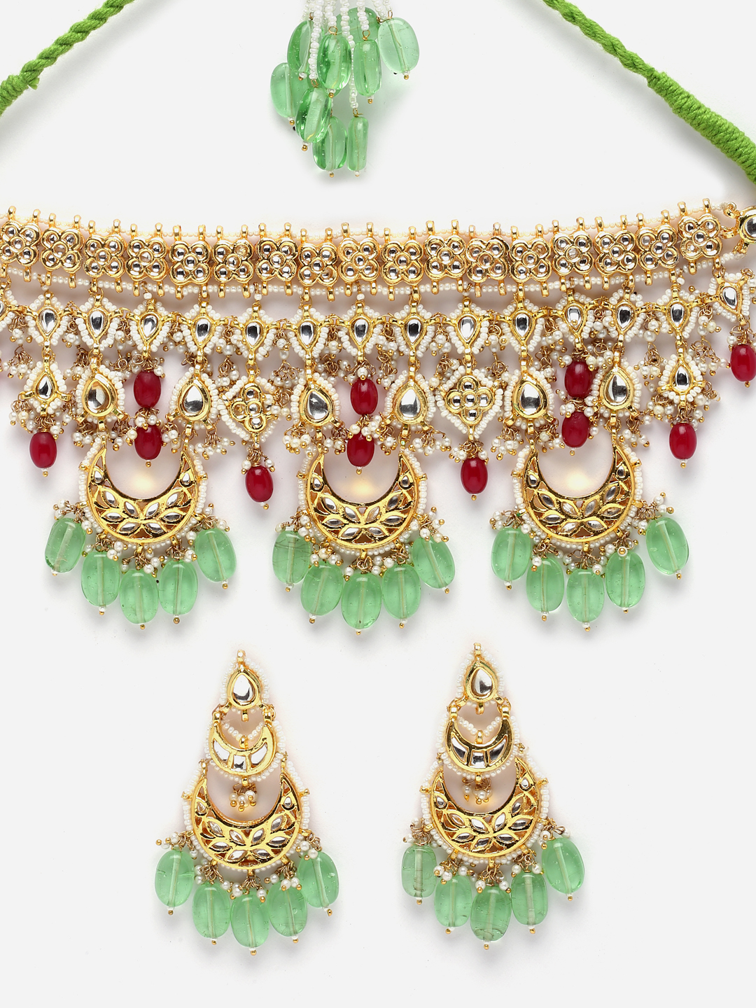 Zucchini Necklace with Earrings Jewellery Set | Kundan, Pearls, Natural Stones - alternate view