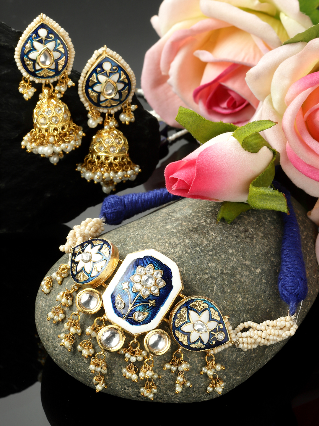 Neela Aabshaar Necklace with Earrings Jewellery Set | Kundan, Pearls, Natural Stones