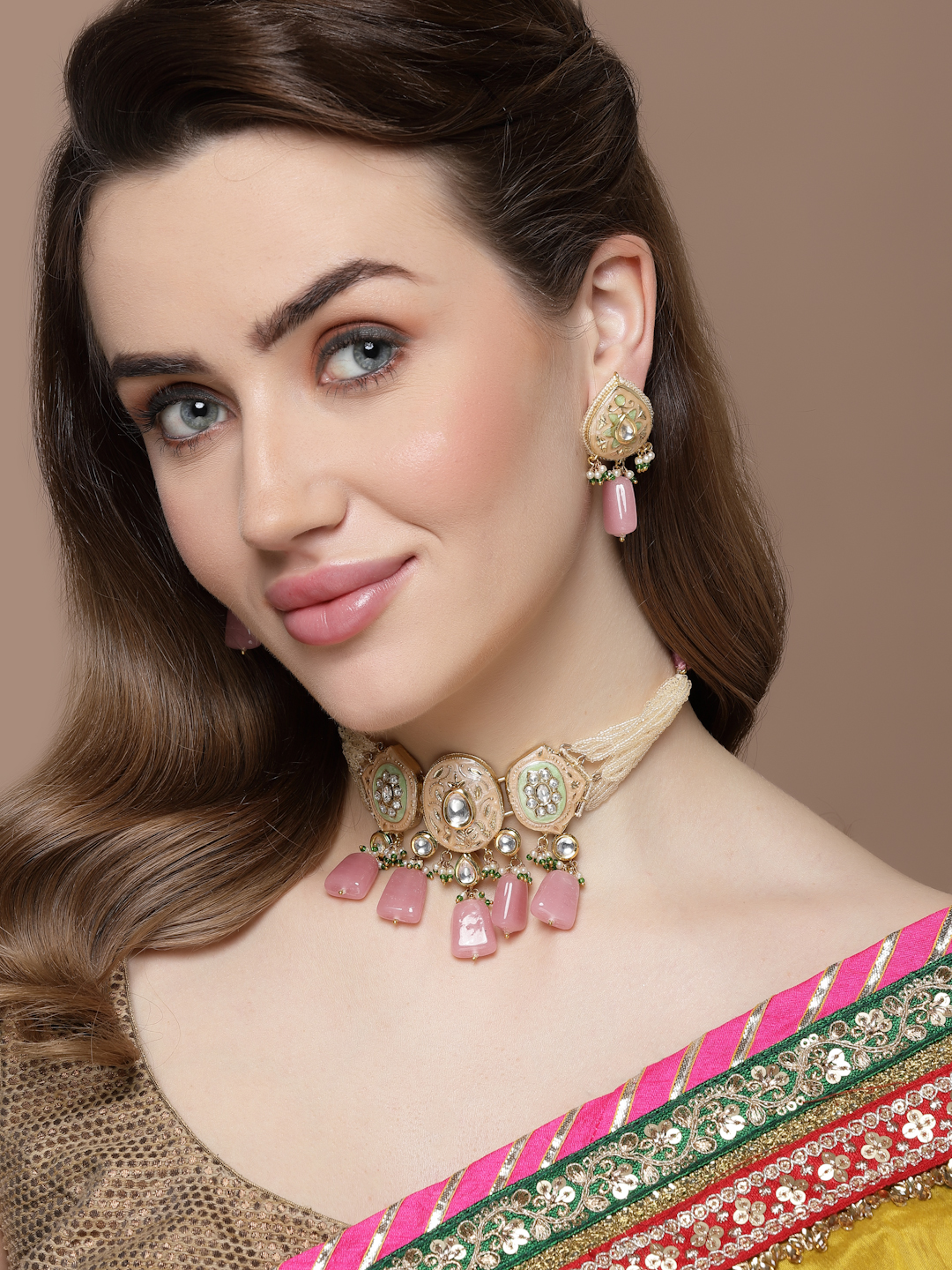 Sherbet Necklace with Earrings Jewellery Set | Kundan, Pearls, Natural Stones, Faux Emerald - alternate view