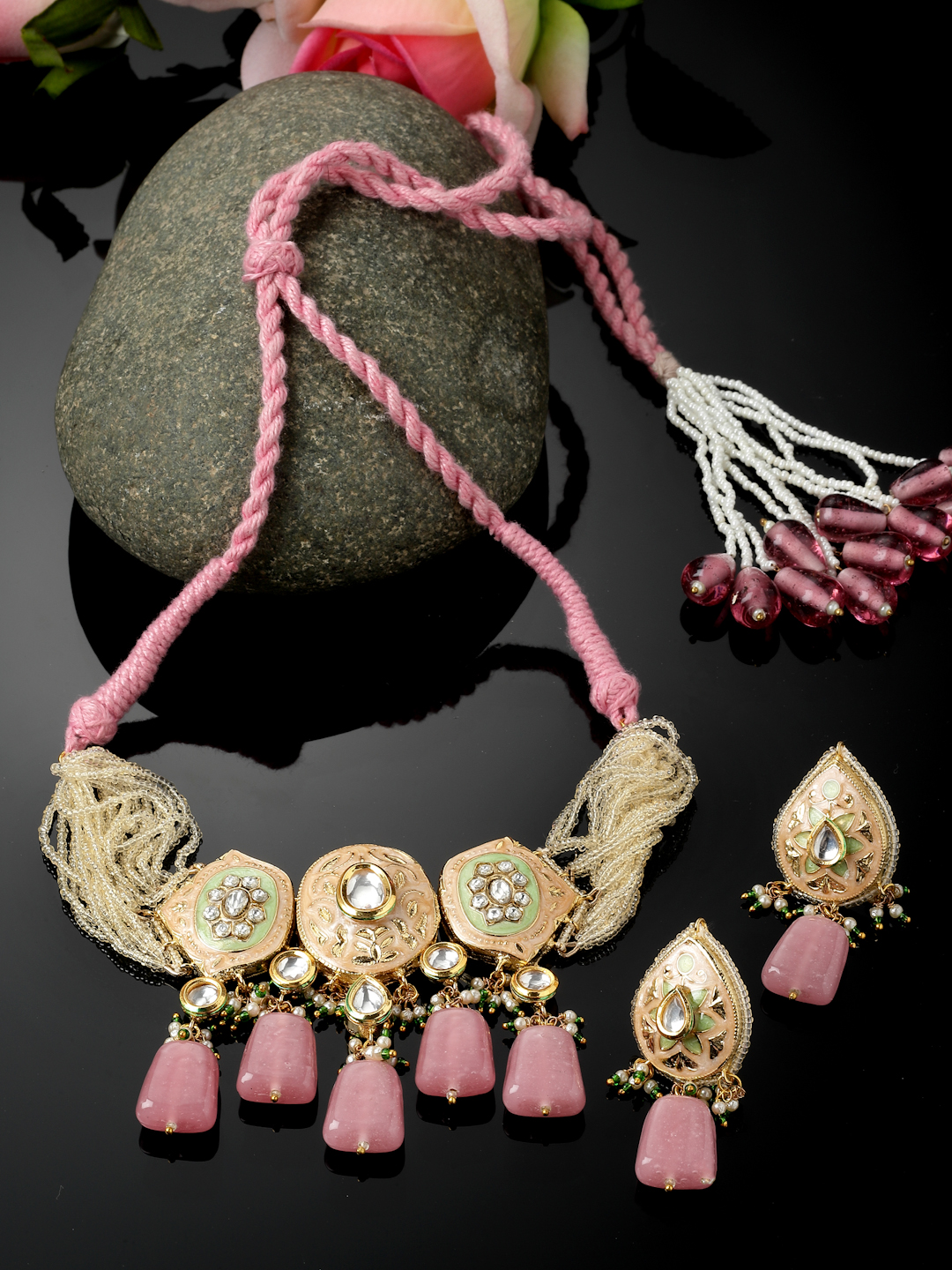 Sherbet Necklace with Earrings Jewellery Set | Kundan, Pearls, Natural Stones, Faux Emerald