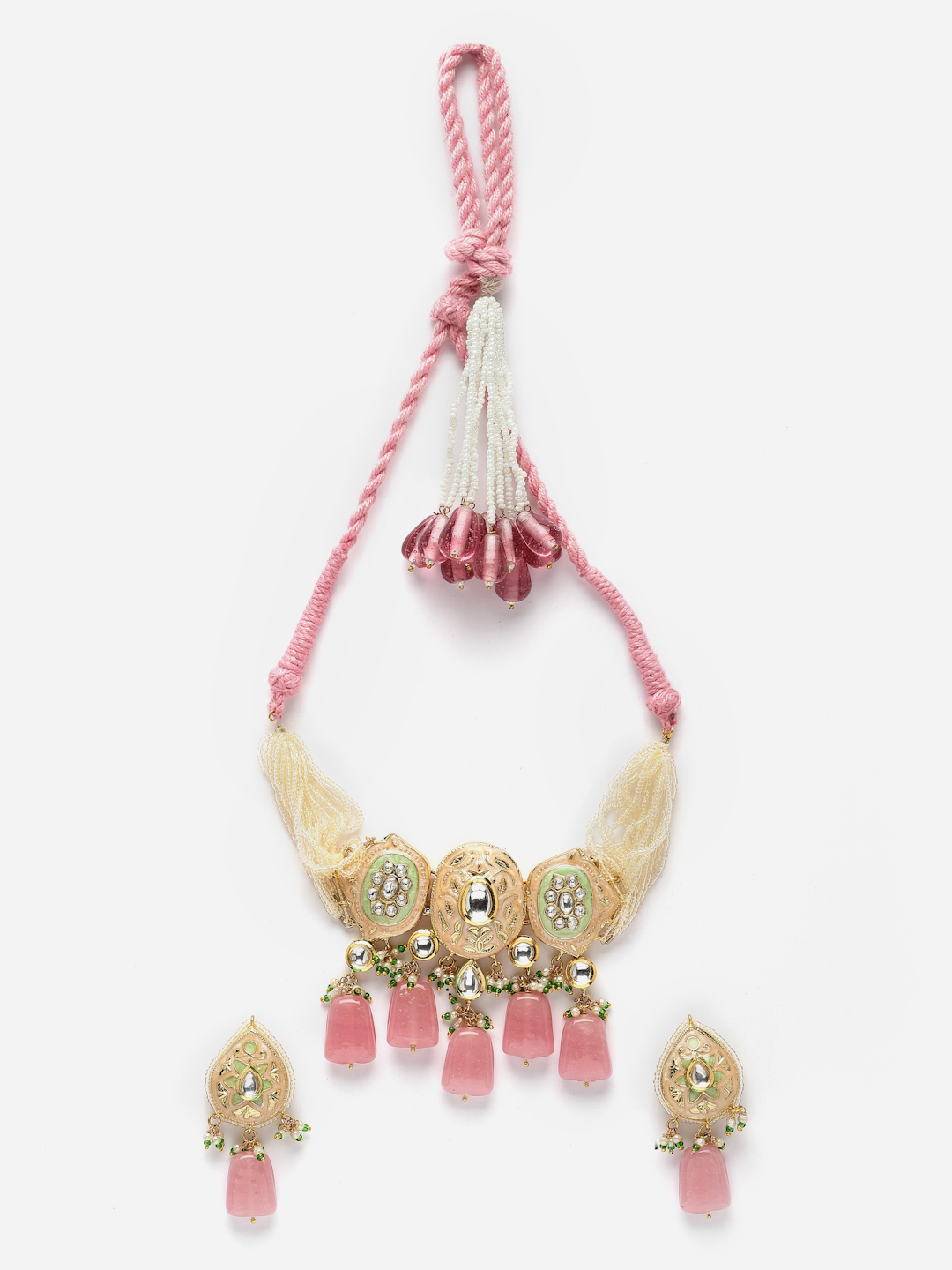 Sherbet Necklace with Earrings Jewellery Set | Kundan, Pearls, Natural Stones, Faux Emerald thumbnail 3