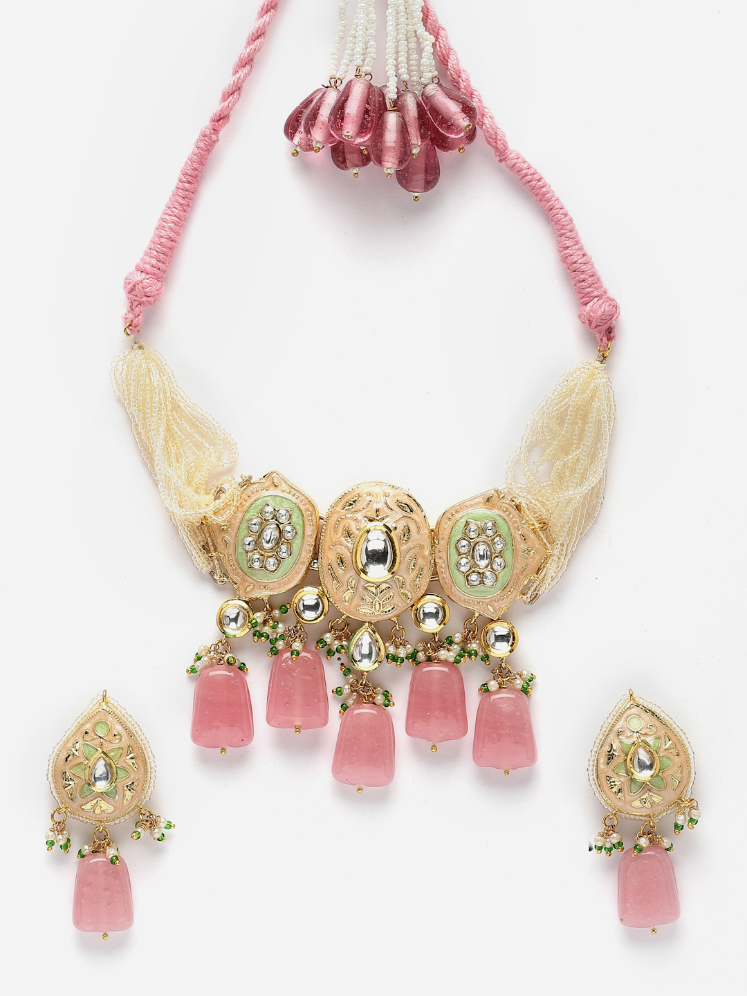 Sherbet Necklace with Earrings Jewellery Set | Kundan, Pearls, Natural Stones, Faux Emerald thumbnail 4