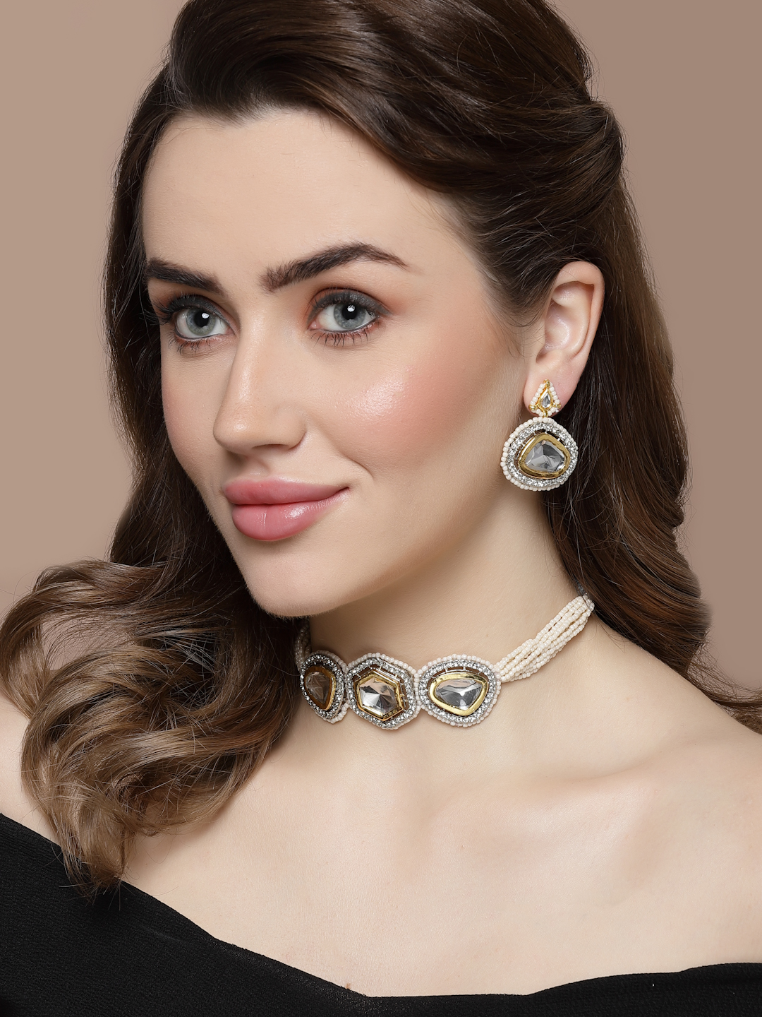 Charcoal Couture Necklace with Earrings Jewellery Set | Kundan, American Diamonds, Pearls, Natural Stones