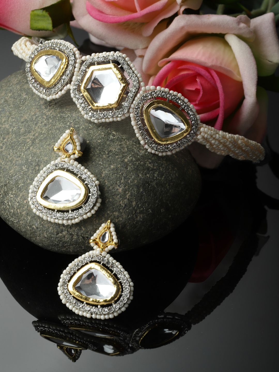 Charcoal Couture Necklace with Earrings Jewellery Set | Kundan, American Diamonds, Pearls, Natural Stones thumbnail 2