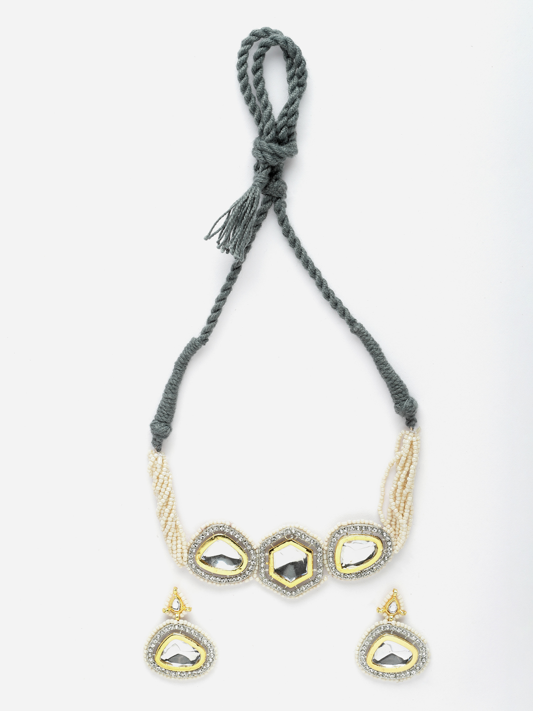 Charcoal Couture Necklace with Earrings Jewellery Set | Kundan, American Diamonds, Pearls, Natural Stones thumbnail 3