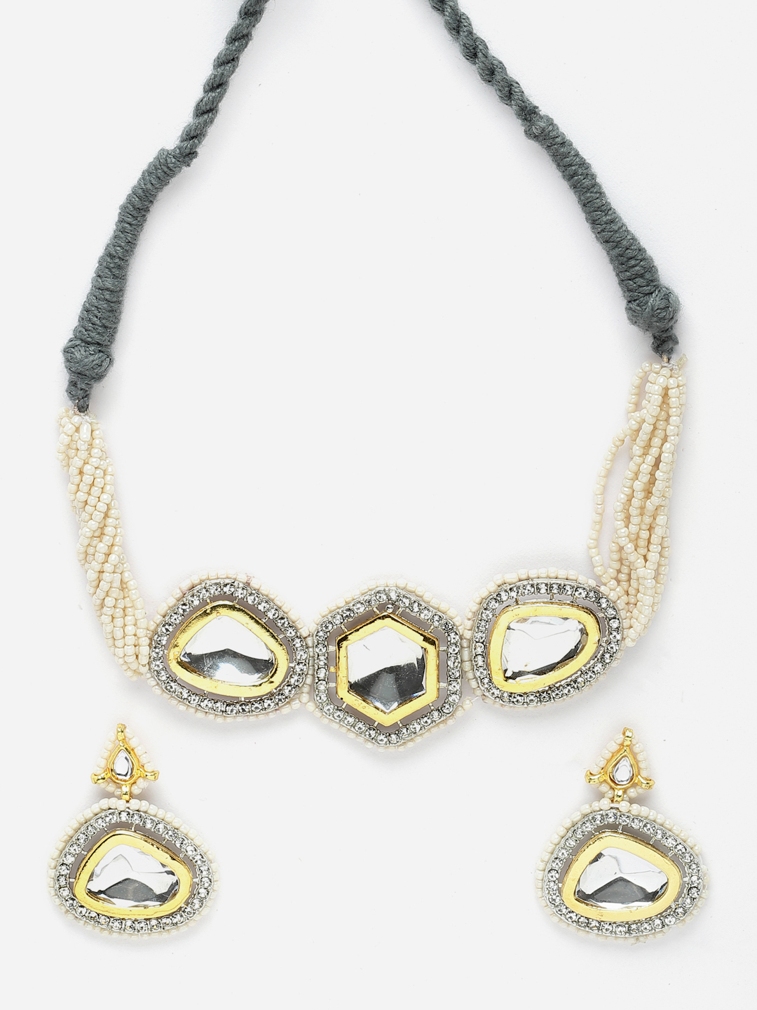 Charcoal Couture Necklace with Earrings Jewellery Set | Kundan, American Diamonds, Pearls, Natural Stones thumbnail 4