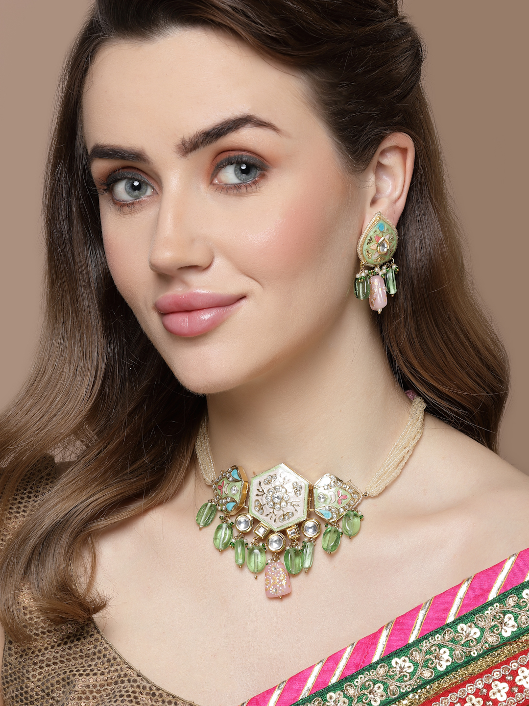 Salsa Necklace with Earrings Jewellery Set | Kundan, American Diamonds, Pearls, Natural Stones