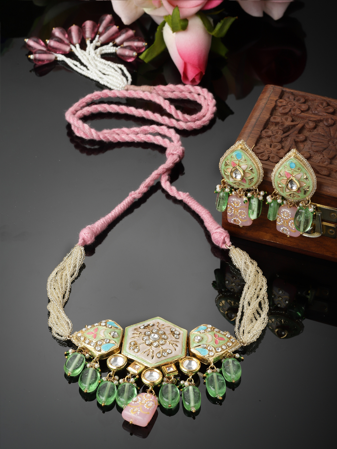 Salsa Necklace with Earrings Jewellery Set | Kundan, American Diamonds, Pearls, Natural Stones - alternate view