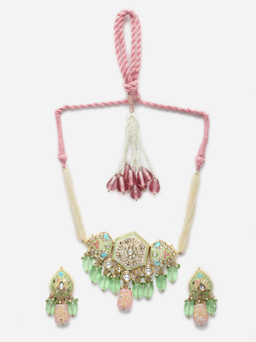 Salsa Necklace with Earrings Jewellery Set | Kundan, American Diamonds, Pearls, Natural Stones thumbnail 3