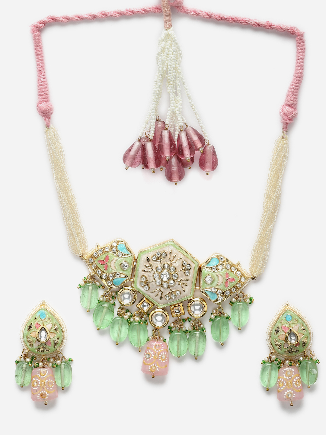 Salsa Necklace with Earrings Jewellery Set | Kundan, American Diamonds, Pearls, Natural Stones thumbnail 4