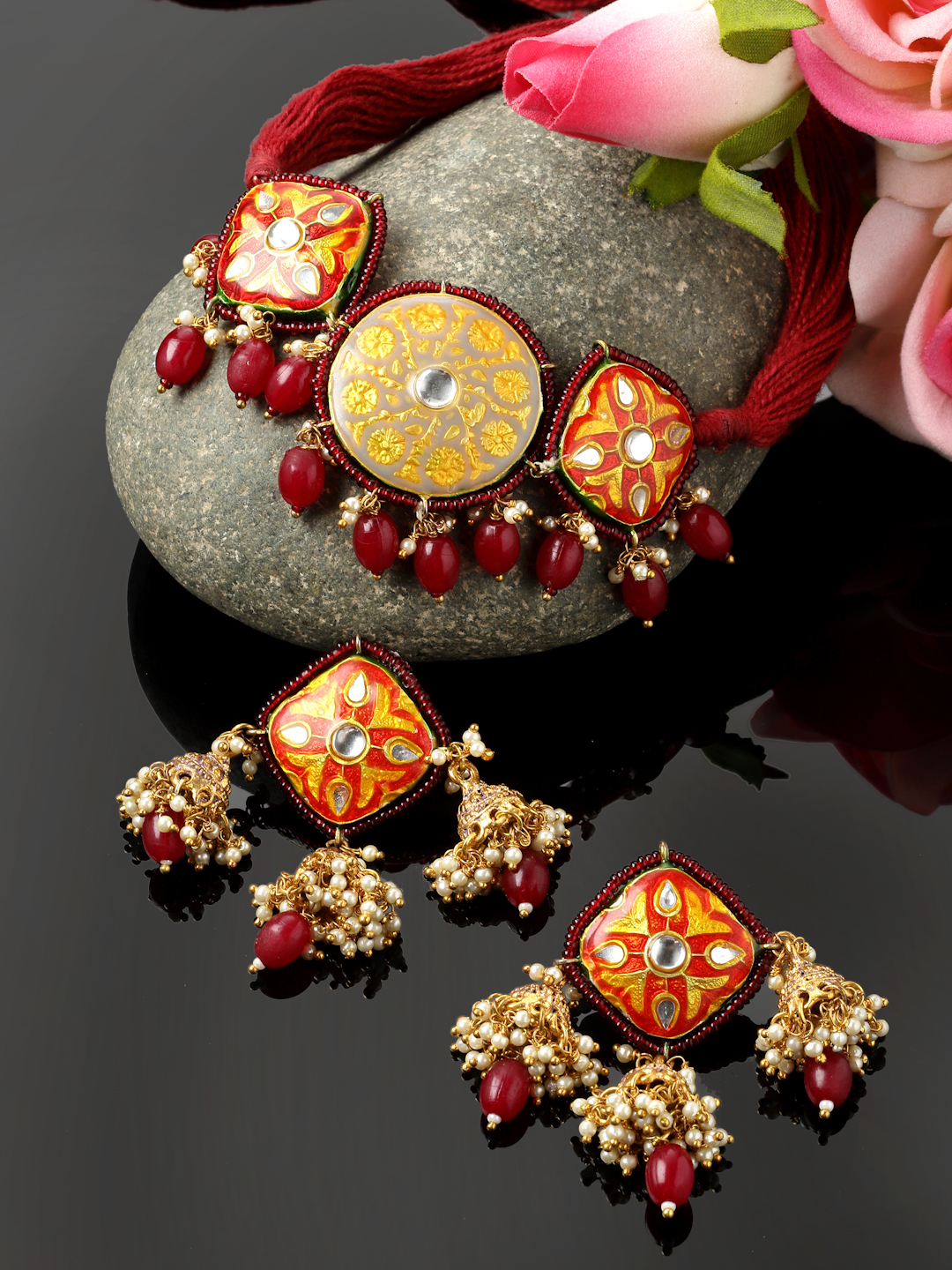 Garnet Glimmer Necklace with Earrings Kundan Jewellery Set | Kundan, Pearls, Natural Stones, Faux Ruby thumbnail 1