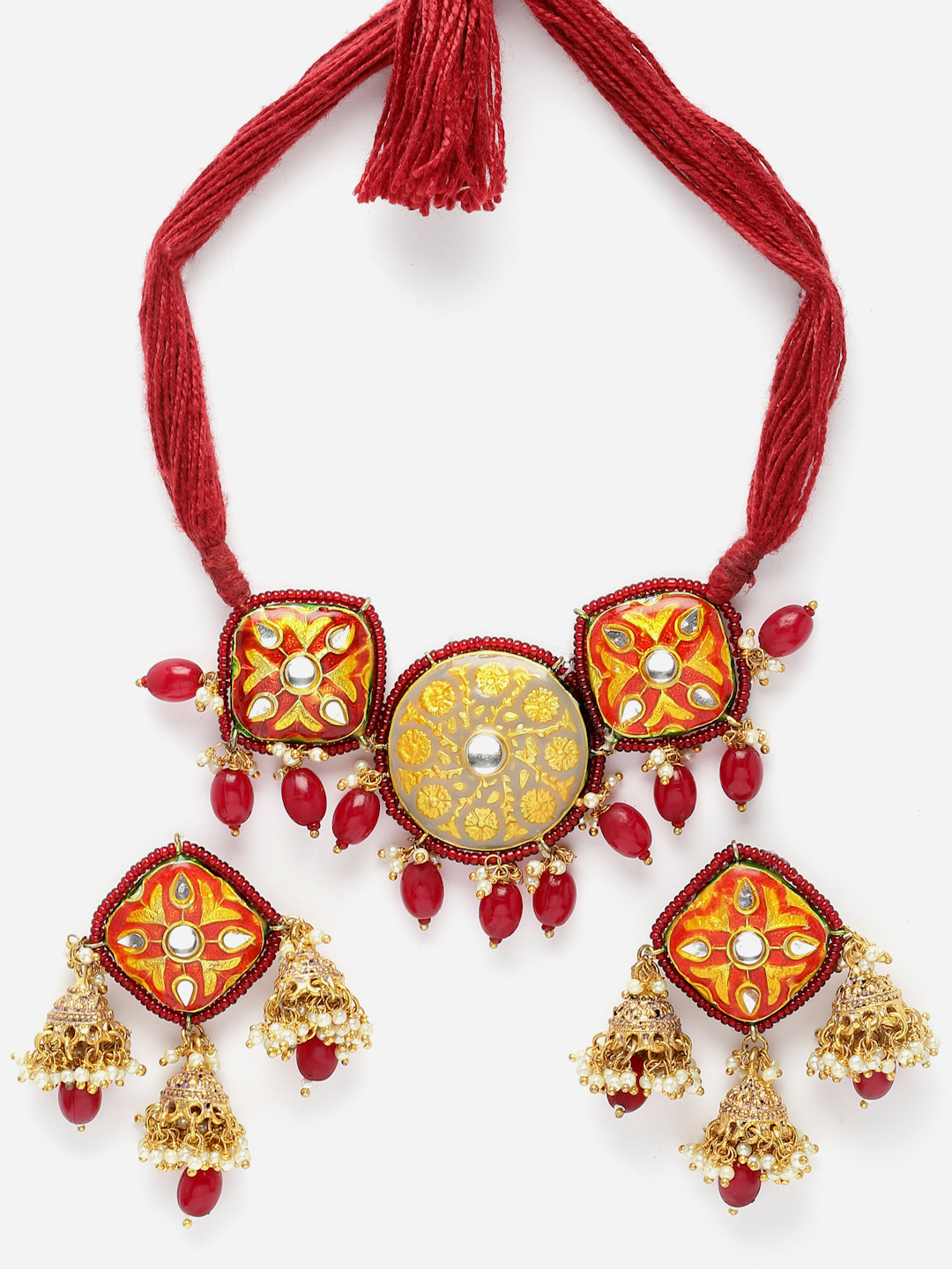 Garnet Glimmer Necklace with Earrings Kundan Jewellery Set | Kundan, Pearls, Natural Stones, Faux Ruby thumbnail 5